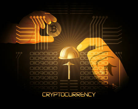 hands with bitcoin coin and pickaxe icon over black background, colorful design vector illustrationのイラスト素材