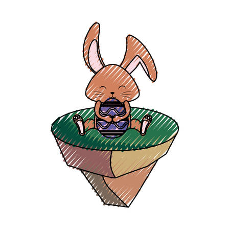 colored  rabbit hugging  easter egg  on piece land  doodle over white background vecor illustratiionのイラスト素材