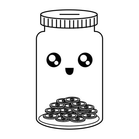 flat line uncolored jar coin bank with coins sticker vector illustrationのイラスト素材