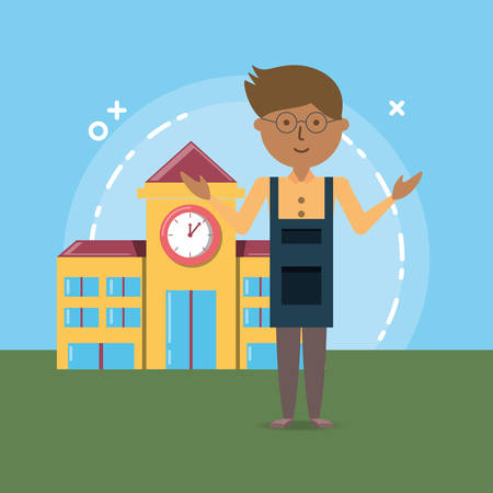 Cartoon teacher standing over school building, colorful design. vector illustrationのイラスト素材