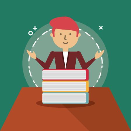 Cartoon man and stack of books over green background, colorful design. vector illustrationのイラスト素材