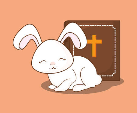 Happy easter design with cute rabbit with bible over orange background, colorful design vector illustrationのイラスト素材