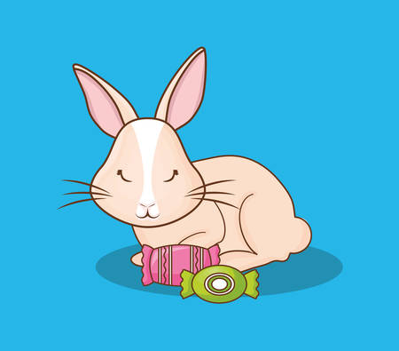 Cute rabbit with candies over blue background, colorful design vector illustrationのイラスト素材