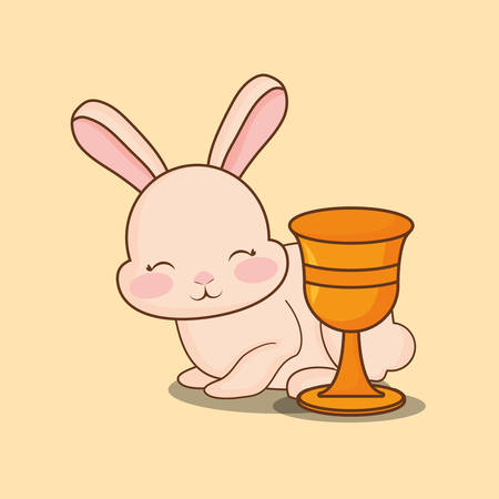 Happy easter design with cute bunny and holy grail over orange background, colorful design vector illustrationのイラスト素材