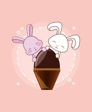 Happy easter design with chocolate egg and cute rabbits  over pink background, colorful design vector illustrationのイラスト素材