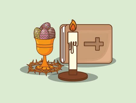 Holy grail with easter eggs and happy easter related icons over green background, colorful design vector illustrationのイラスト素材