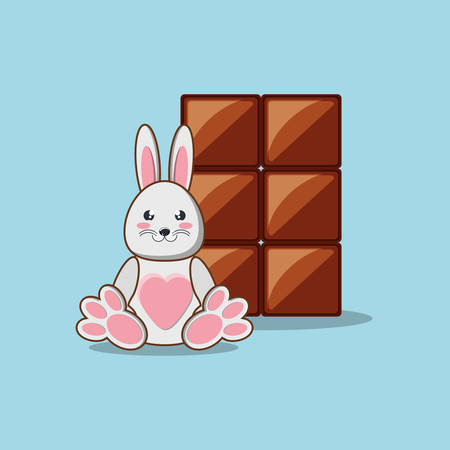 cute bunny with chocolate bar over blue background, colorful design vector illustrationのイラスト素材
