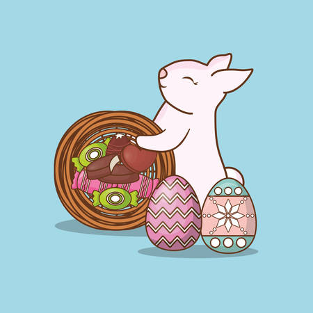 Cute bunny with easter eggs and basket with candies over blue background, colorful design vector illustrationのイラスト素材