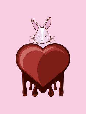 Cute bunny and melted chocolate heart over pink background, colorful design vector illustrationのイラスト素材