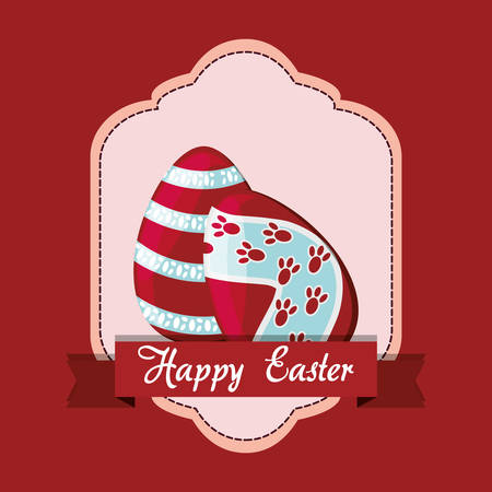 Happy easter design with decorative frame with hearts and easter egg over red background, colorful design vector illustrationのイラスト素材