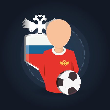 Football player with russian shield and soccer ball over blue backgorund, colorful design vector illustrationのイラスト素材