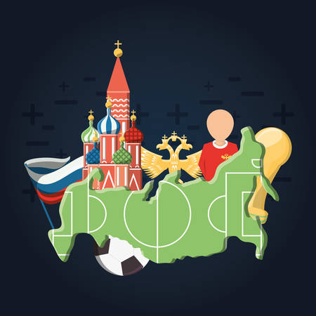 Saint basils cathedral and World cup Russia related icons over blue background, colorful design vector illustrationのイラスト素材