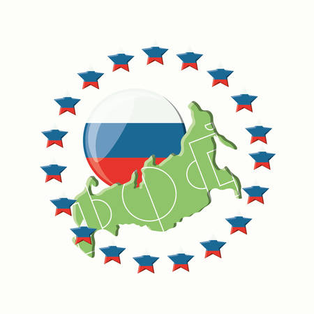 Russian flag button and map with soccer field design over white background, colorful design vector illustrationのイラスト素材