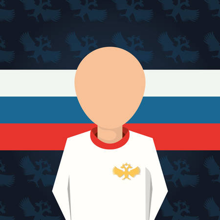 A soccer player and russian flag over blue background, colorful design vector illustrationのイラスト素材