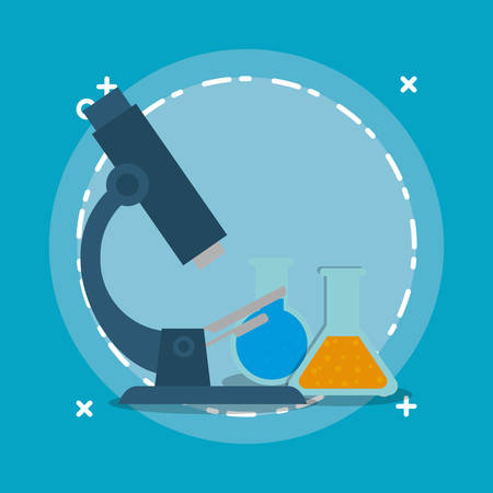 microscope and chemical flasks over blue background, colorful design vector illustrationのイラスト素材