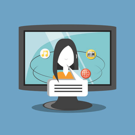 Viral content design with computer and avatar woman and related icons around over blue background, colorful design . vector illustrationのイラスト素材