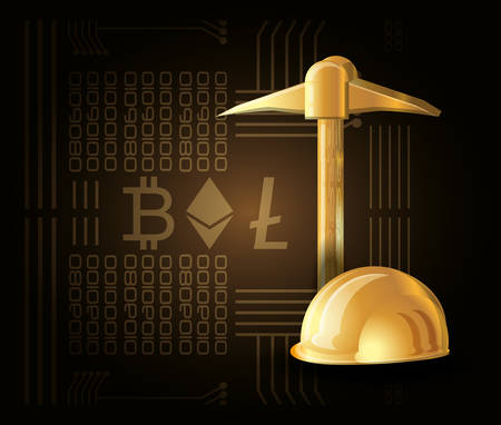 golden helmet and pickaxe  over different types of cryptocurrency and black background, colorful design vector illustrationのイラスト素材