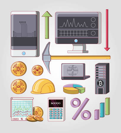 related icons of mining and trading cryptocurrency design over gray background, colorful design vector illustrationのイラスト素材