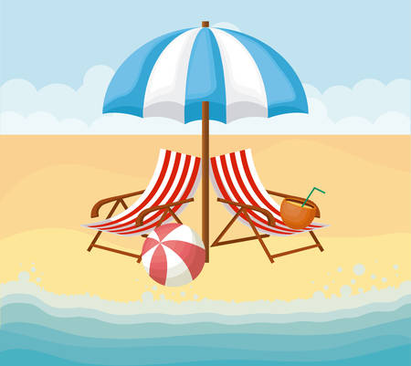 Beach with parasol and seats over beach background, colorful design vector illustrationのイラスト素材