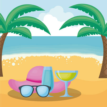 Beach with cocktail drink and glasses, colorful design. vector illustrationのイラスト素材