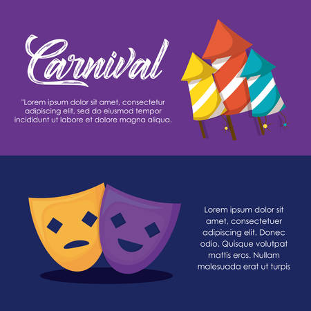 Infographic of carnival circus with firework rockets and masks over colorful background, vector illustrationのイラスト素材