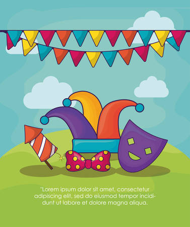Carnival circus design with jester hat and rocket over landscape background, colorful design vector illustrationのイラスト素材
