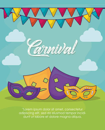 Carnival circus design with masks over landscape background, colorful design vector illustrationのイラスト素材