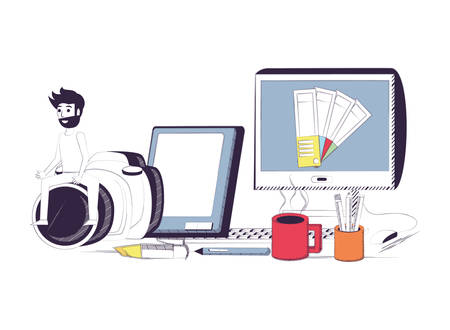 Cartoon man image and camera illustrationのイラスト素材