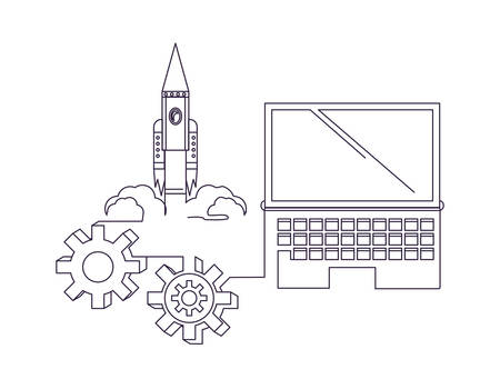 One line design of computer and rocket icons over white background, vector illustrationのイラスト素材