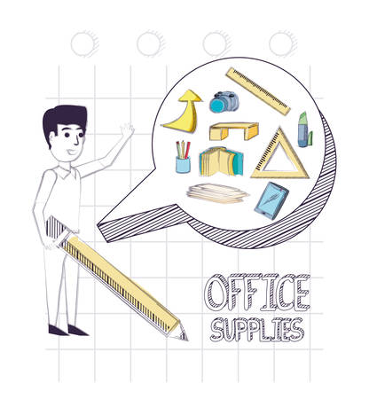 Man holding a pencil and speech bubble with Office supplies over white background, vector illustrationのイラスト素材