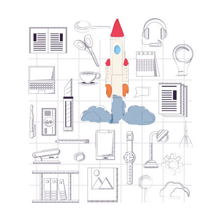 Sketch design of start up related icons over white background, colorful design vector illustrationのイラスト素材