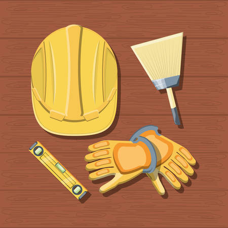 Construction equipment design with helmet and gloves with other tools over wooden background, colorful design vector illustrationのイラスト素材