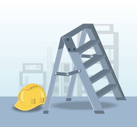 Construction design with ladder and safety helmet over blue background, colorful design vector illustrationのイラスト素材