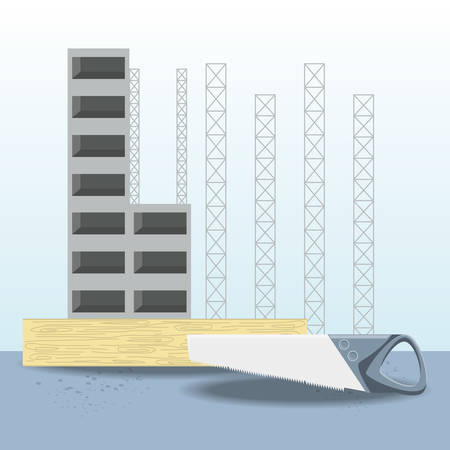 Under construction building and saw tool over blue background, colorful design vector illustrationのイラスト素材