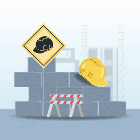 Bricks wall with safety helmet and barrier over blue background, colorful design vector illustrationのイラスト素材