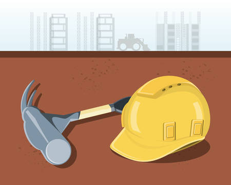 Construction equipment design with safety helmet and hammer tool icon.のイラスト素材