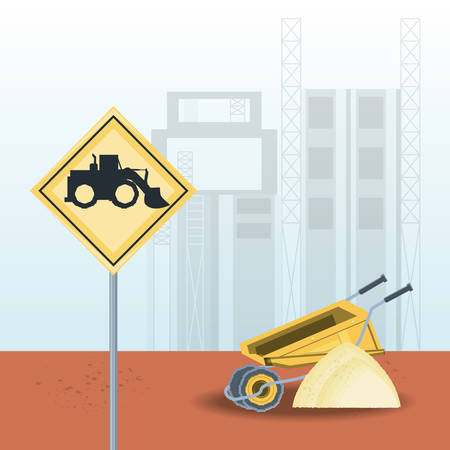 construction sign with truck icon and wheelbarrow with pile of sand over under construction background.のイラスト素材