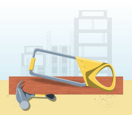 wooden wooden board with construction hand saw and hammer over blue background.のイラスト素材