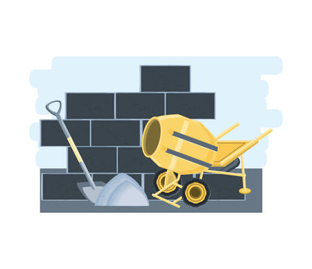 bricks wall and concrete mixer and shovel over white background.のイラスト素材