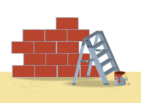 Bricks wall and ladder with paint can over white background, colorful design vector illustrationのイラスト素材
