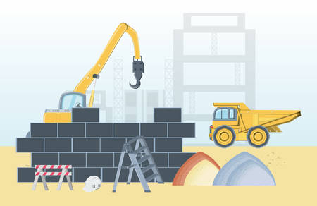 Under construction zone with Brick walls with construction trucks, colorful design vector illustrationのイラスト素材