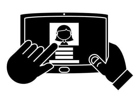 hands holding a tablet with social profile on screen over white background, vector illustrationのイラスト素材