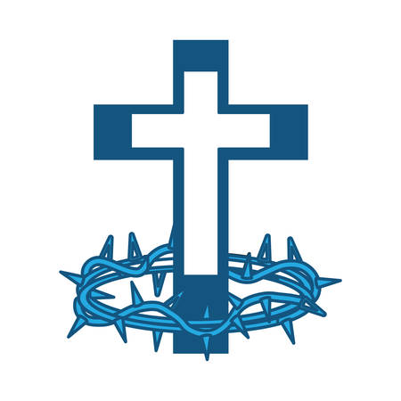 Catholic Cross and crown of thorns icon over white background,blue shading design.  vector illutrationのイラスト素材