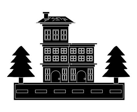 Two floors house with pine trees and the street  over white background vector illustrationのイラスト素材