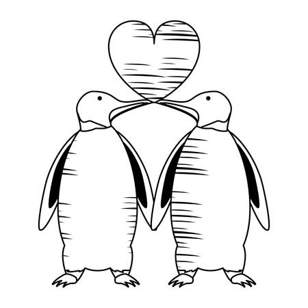 sketch of cute couple of penguis with heart icon over white background, vector illustrationのイラスト素材
