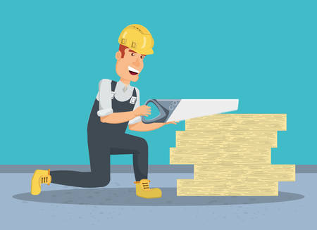 construction builder cutting a wooden boards and saw over blue background, colorful design vector illustrationのイラスト素材
