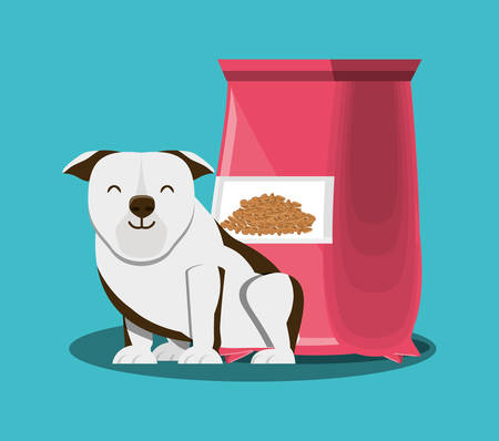english bulldog next to a Packet of dog food over blue background, colorful design vector illustrationのイラスト素材