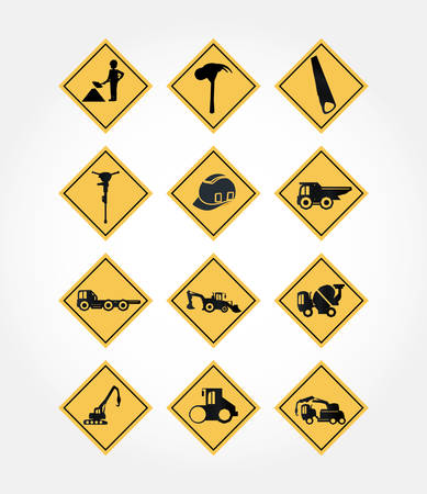 Icon set of warning boards with tools and trucks signs over white background, colorful design vector illustrationのイラスト素材