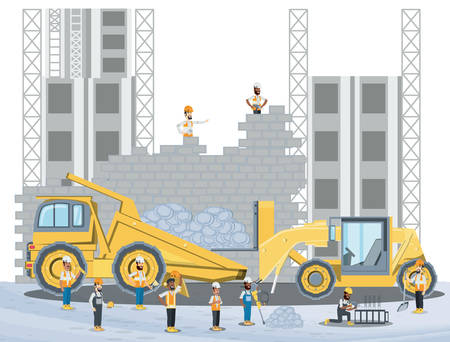 Under construction zone with builders and engineers and construction trucks over white background, colorful design vector illustrationのイラスト素材