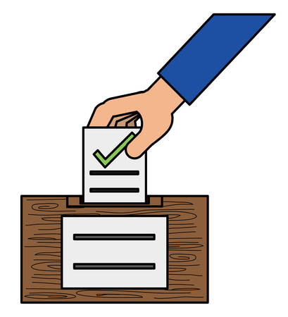 Hand putting a voting paper with a check in the ballot box  over white background, colorful design. vector illustrationのイラスト素材